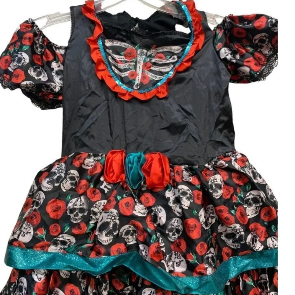Sugar Skulls And Roses Day of the Dead Kids Costume - Black and Red Size 10-12
